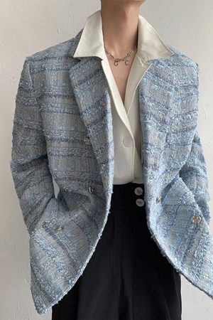 Stylish Work Outfits, Outfit Summer Ideas Lapel Collar Blue Tweed Blazer