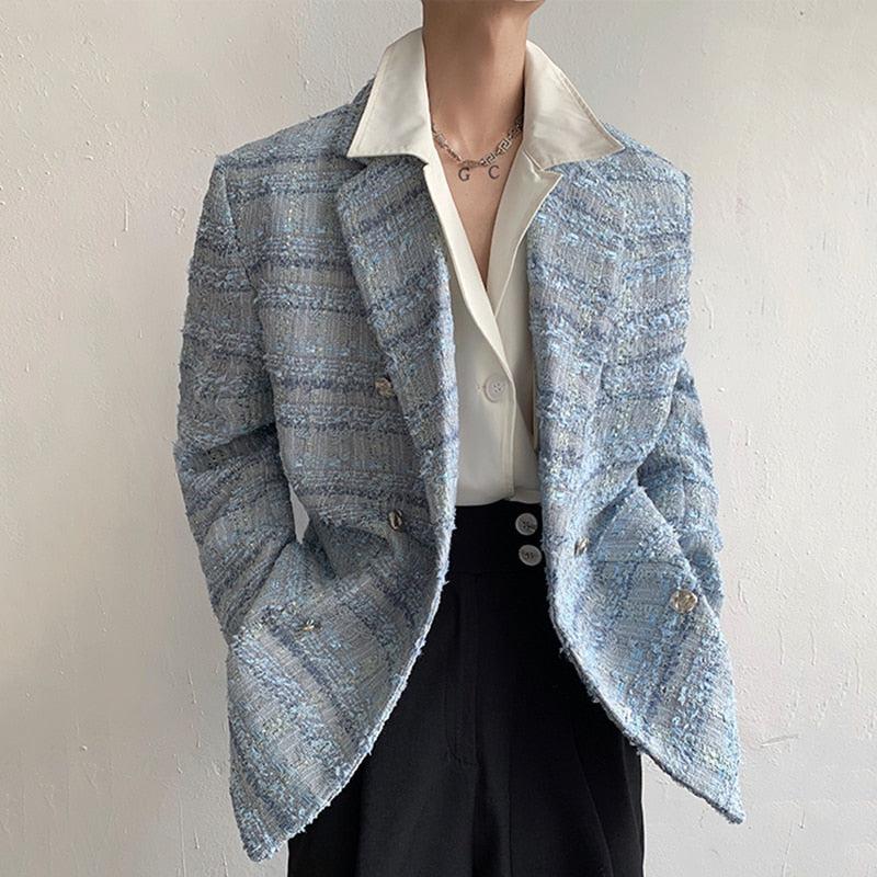 Stylish Work Outfits, Outfit Summer Ideas Lapel Collar Blue Tweed Blazer Stylish Work Outfits, Outfit Summer Ideas Lapel Collar Blue Tweed Blazer