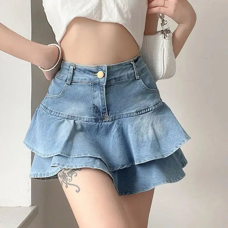Stylish Work Outfits, Outfit Summer Ideas Layered Ruffled Denim Mini Skirt