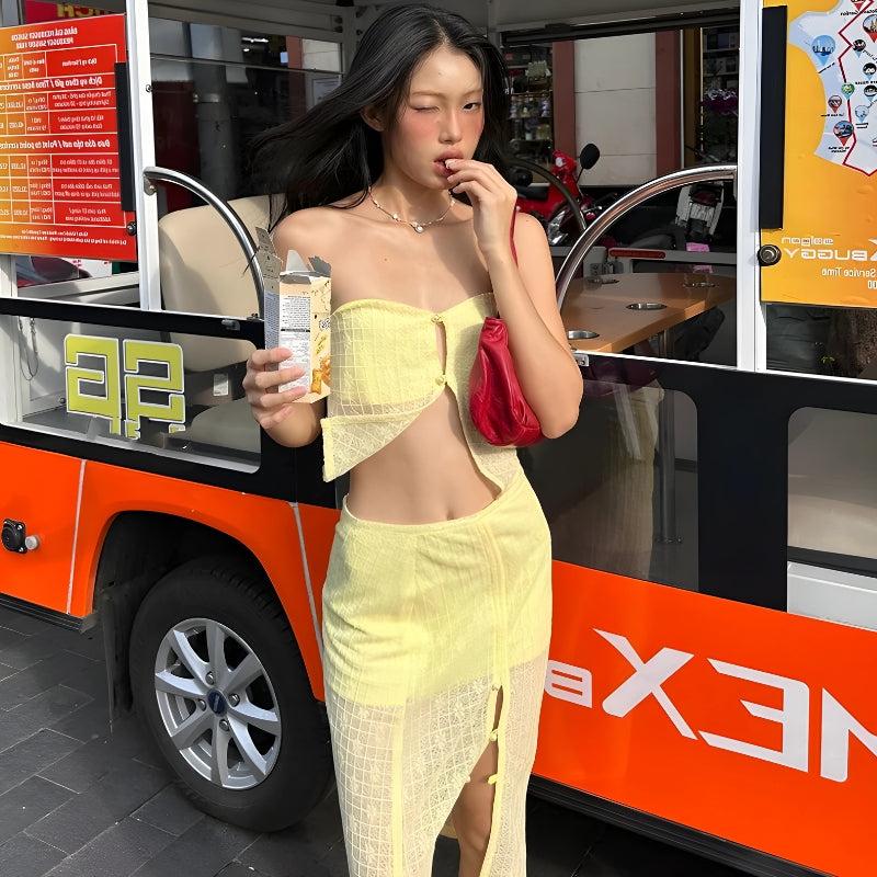 Stylish Work Outfits, Outfit Summer Ideas Lemon Strapless Top & Midi Skirt Two Piece Set Stylish Work Outfits, Outfit Summer Ideas Lemon Strapless Top & Midi Skirt Two Piece Set