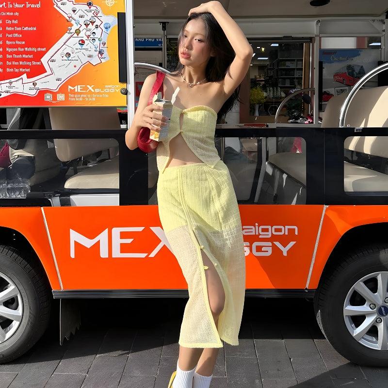 Stylish Work Outfits, Outfit Summer Ideas Lemon Strapless Top & Midi Skirt Two Piece Set Stylish Work Outfits, Outfit Summer Ideas Lemon Strapless Top & Midi Skirt Two Piece Set