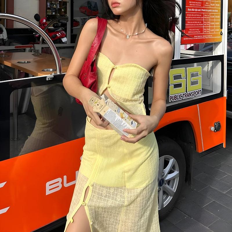 Stylish Work Outfits, Outfit Summer Ideas Lemon Strapless Top & Midi Skirt Two Piece Set Stylish Work Outfits, Outfit Summer Ideas Lemon Strapless Top & Midi Skirt Two Piece Set
