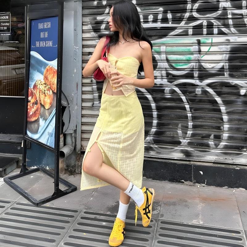 Stylish Work Outfits, Outfit Summer Ideas Lemon Strapless Top & Midi Skirt Two Piece Set