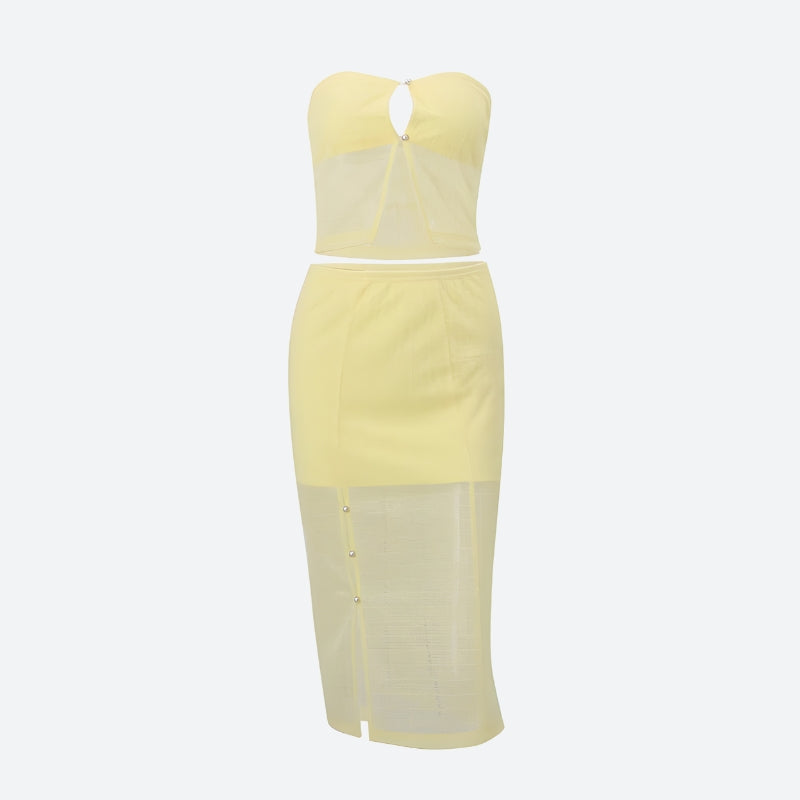Stylish Work Outfits, Outfit Summer Ideas Lemon Strapless Top & Midi Skirt Two Piece Set Stylish Work Outfits, Outfit Summer Ideas Lemon Strapless Top & Midi Skirt Two Piece Set