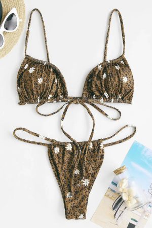 Stylish Work Outfits, Outfit Summer Ideas Leopard Daisy Drawstring Bikini Set