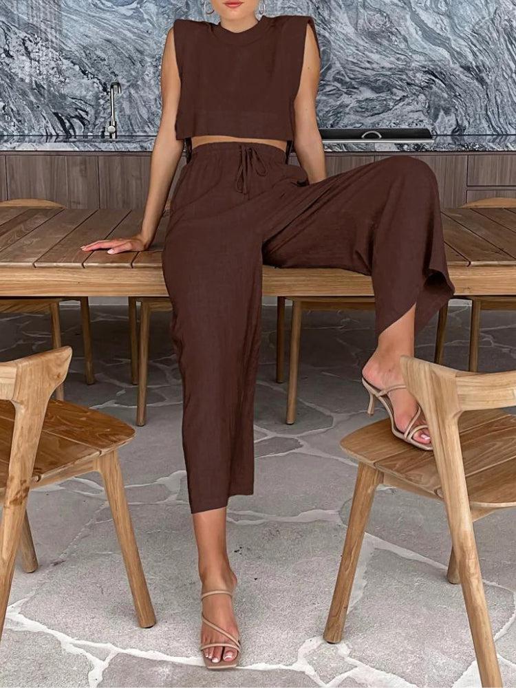 Stylish Work Outfits, Outfit Summer Ideas Linen Lace Up Crop Top & Pants Two Piece Set Stylish Work Outfits, Outfit Summer Ideas Linen Lace Up Crop Top & Pants Two Piece Set