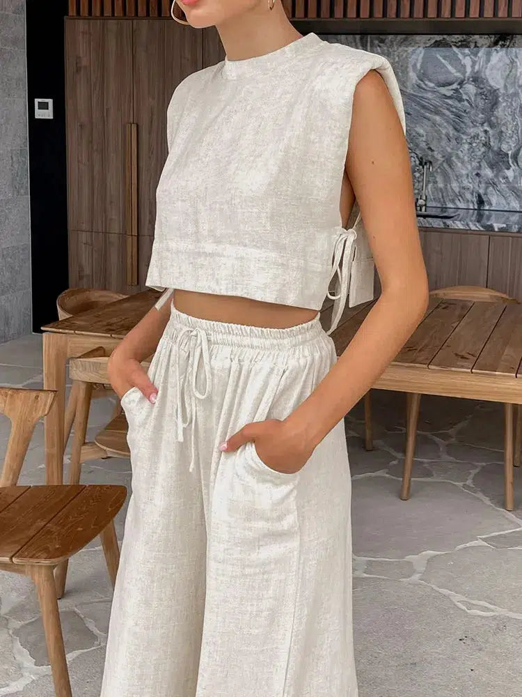 Stylish Work Outfits, Outfit Summer Ideas Linen Lace Up Crop Top & Pants Two Piece Set