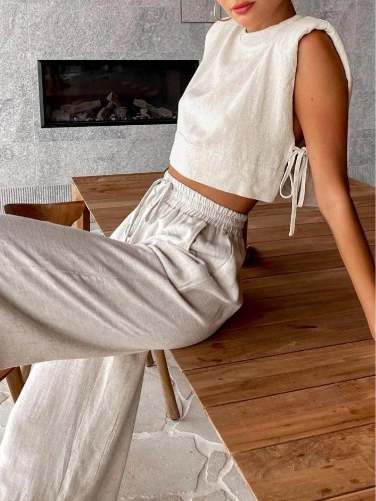 Stylish Work Outfits, Outfit Summer Ideas Linen Lace Up Crop Top & Pants Two Piece Set Stylish Work Outfits, Outfit Summer Ideas Linen Lace Up Crop Top & Pants Two Piece Set