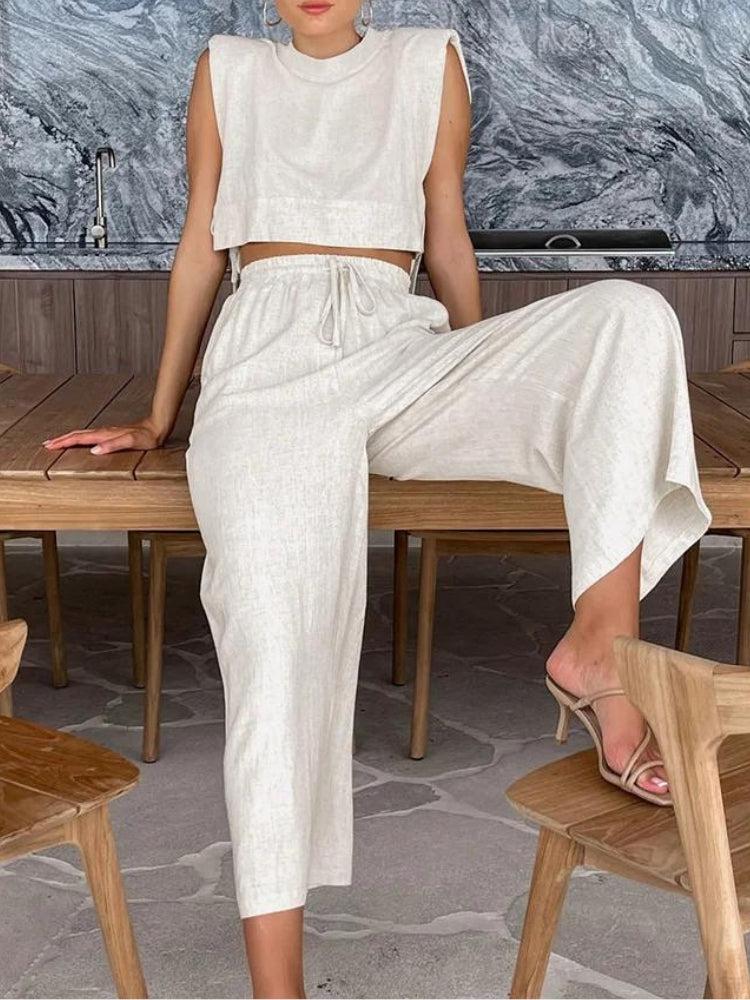 Stylish Work Outfits, Outfit Summer Ideas Linen Lace Up Crop Top & Pants Two Piece Set Stylish Work Outfits, Outfit Summer Ideas Linen Lace Up Crop Top & Pants Two Piece Set