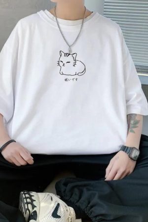 Stylish Work Outfits, Outfit Summer Ideas Lying Cat Drop Shoulder Tee