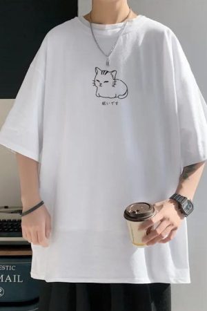 Stylish Work Outfits, Outfit Summer Ideas Lying Cat Drop Shoulder Tee