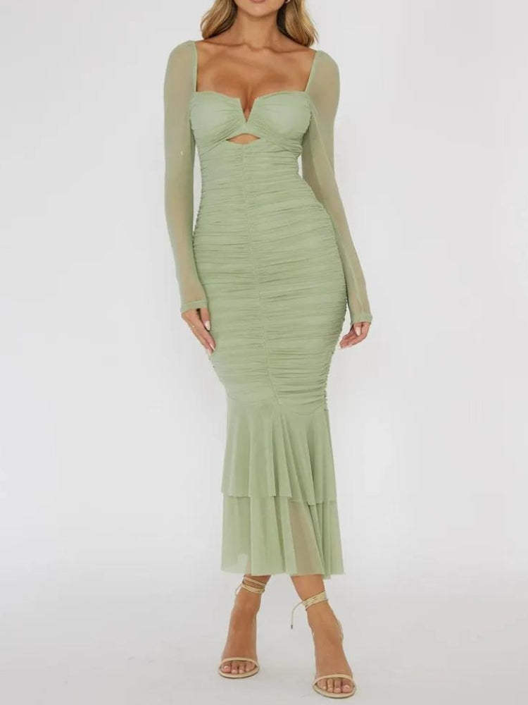 Stylish Work Outfits, Outfit Summer Ideas Mesh Ruched Bodycon Midi Dress