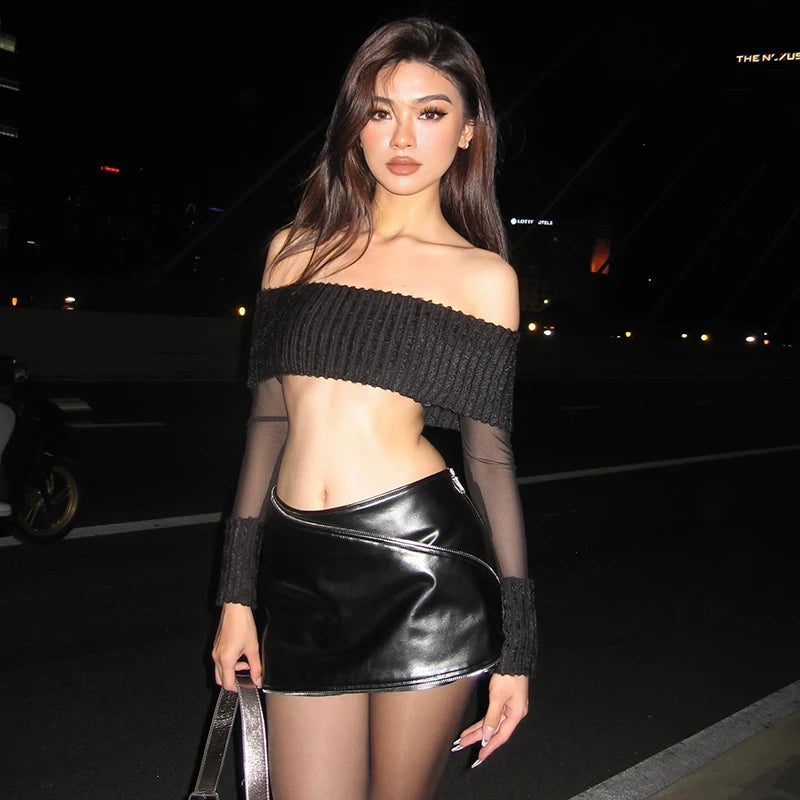 Stylish Work Outfits, Outfit Summer Ideas Mesh Sleeve Off Shoulder Crop Top