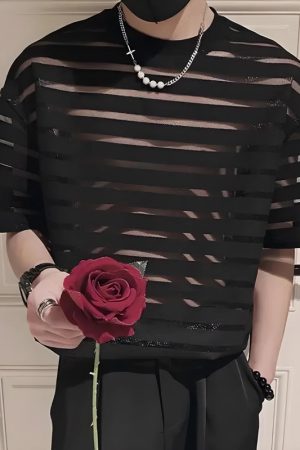 Stylish Work Outfits, Outfit Summer Ideas Mesh Striped Sheer Top