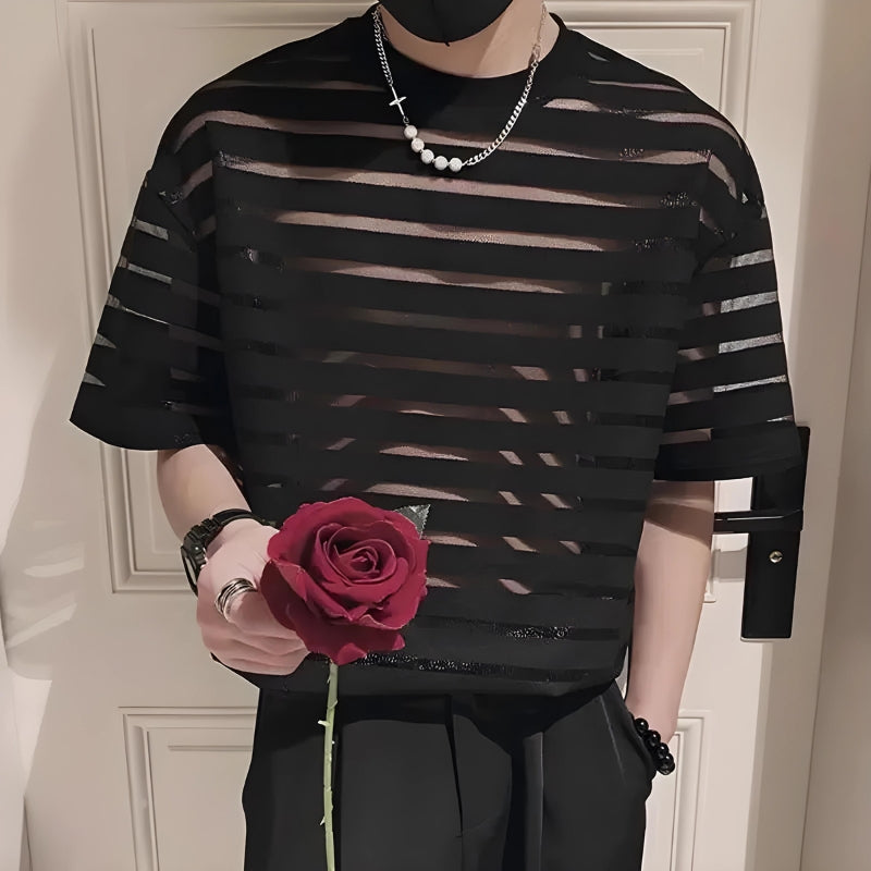 Stylish Work Outfits, Outfit Summer Ideas Mesh Striped Sheer Top