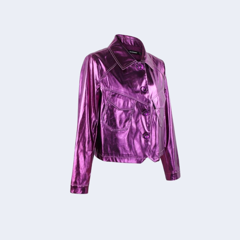 Stylish Work Outfits, Outfit Summer Ideas Metallic Fuchsia Faux Leather Jacket