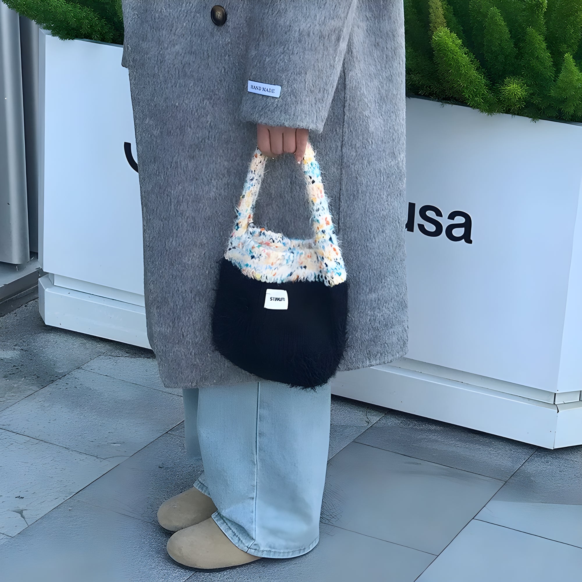 Stylish Work Outfits, Outfit Summer Ideas Multicolor Knitted Bucket Bag