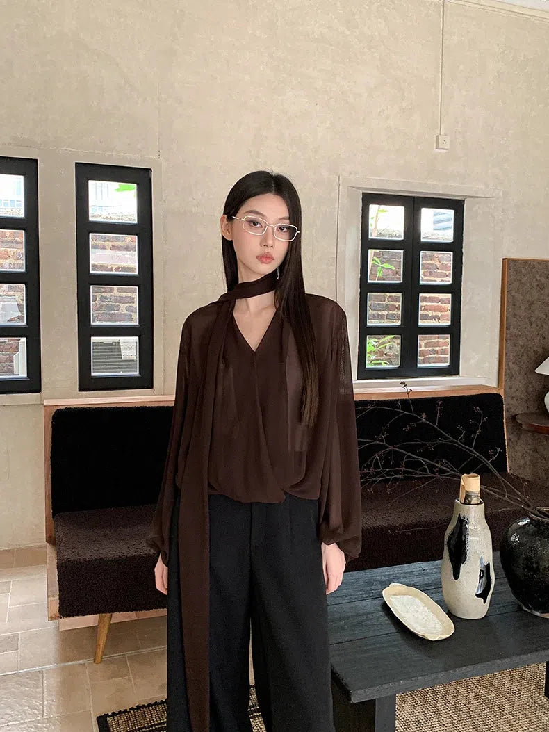 Stylish Work Outfits, Outfit Summer Ideas Neck Tie Sheer Mesh Blouse