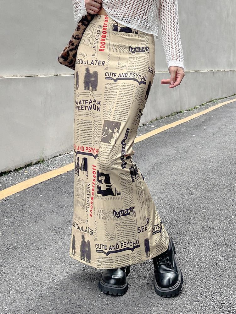 Stylish Work Outfits, Outfit Summer Ideas Newspaper Printed Maxi Skirt
