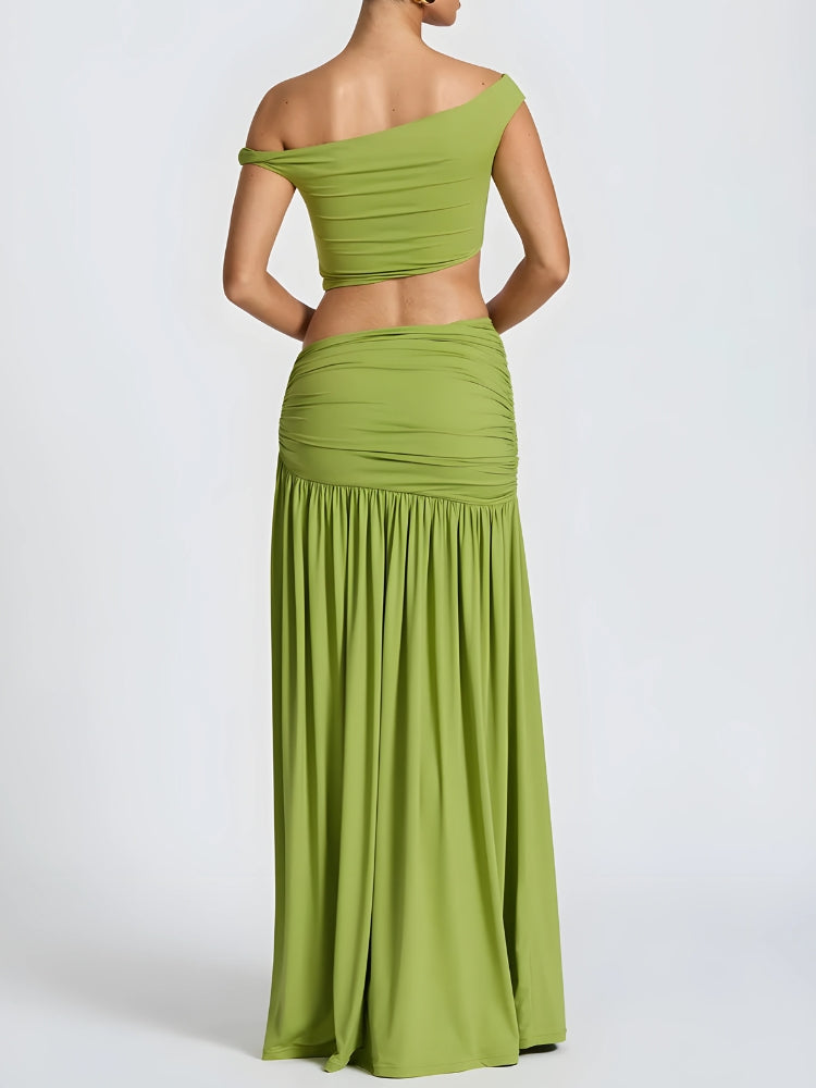 Stylish Work Outfits, Outfit Summer Ideas Off Shoulder Crop Top & Slit Maxi Dress Two Piece Set