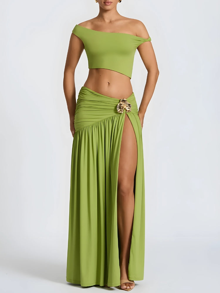 Stylish Work Outfits, Outfit Summer Ideas Off Shoulder Crop Top & Slit Maxi Dress Two Piece Set