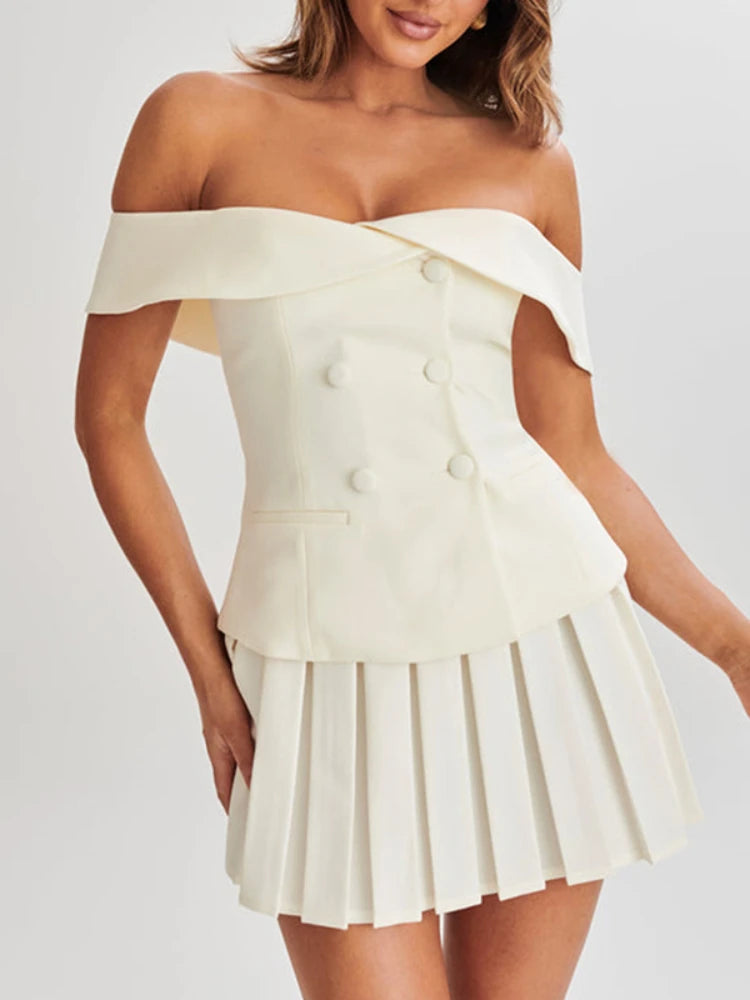 Stylish Work Outfits, Outfit Summer Ideas Off Shoulder Top & Pleated Mini Skirt Two Piece Set Stylish Work Outfits, Outfit Summer Ideas Off Shoulder Top & Pleated Mini Skirt Two Piece Set