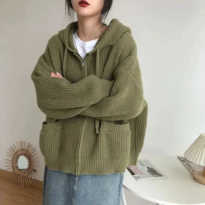 Stylish Work Outfits, Outfit Summer Ideas Oversized Knitted Hooded Cardigan