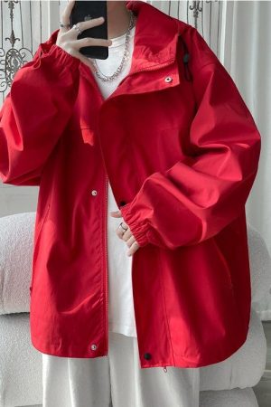 Stylish Work Outfits, Outfit Summer Ideas Oversized Windbreaker Hooded Jacket