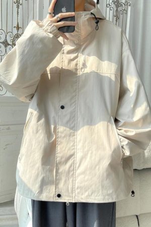 Stylish Work Outfits, Outfit Summer Ideas Oversized Windbreaker Hooded Jacket