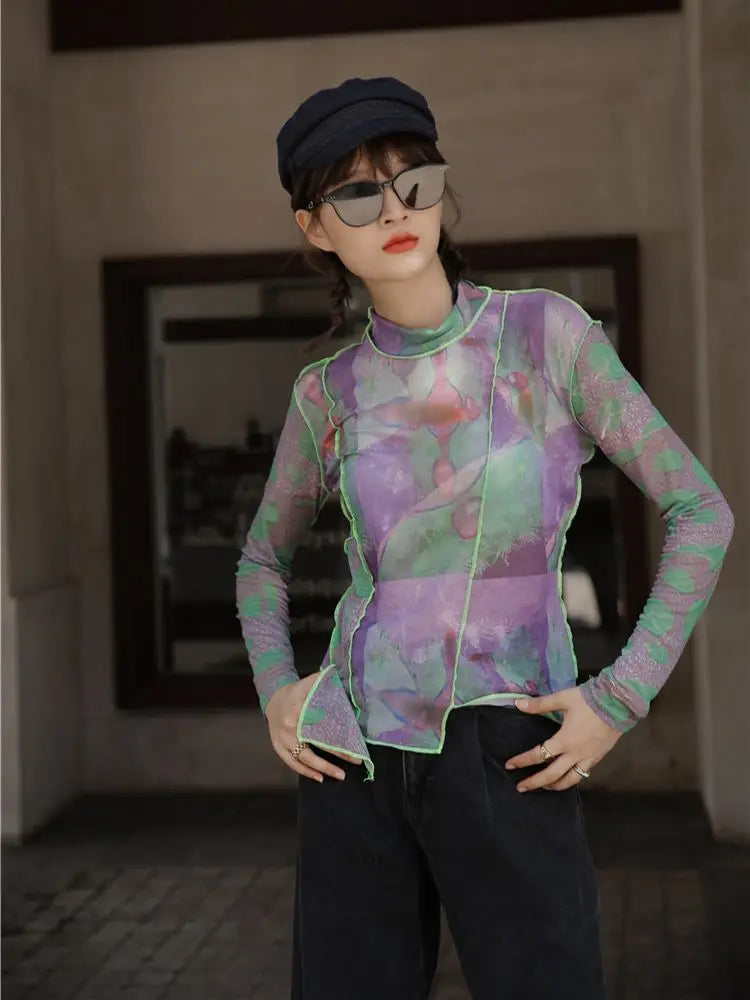 Stylish Work Outfits, Outfit Summer Ideas Patchwork Asymmetric Mesh Top