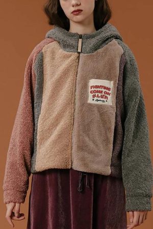 Stylish Work Outfits, Outfit Summer Ideas Patchwork Fluffy Hoodie Jacket