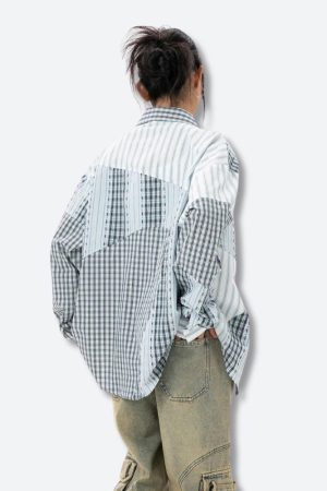 Stylish Work Outfits, Outfit Summer Ideas Patchwork Striped & Plaid Shirt