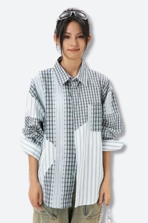 Stylish Work Outfits, Outfit Summer Ideas Patchwork Striped & Plaid Shirt