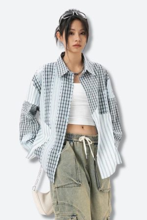 Stylish Work Outfits, Outfit Summer Ideas Patchwork Striped & Plaid Shirt