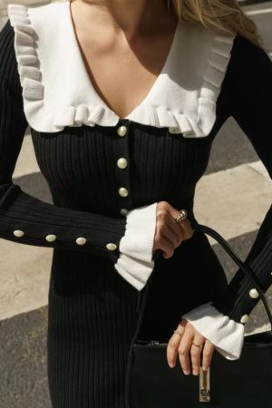 Stylish Work Outfits, Outfit Summer Ideas Peter Pan Collar Ribbed Midi Dress
