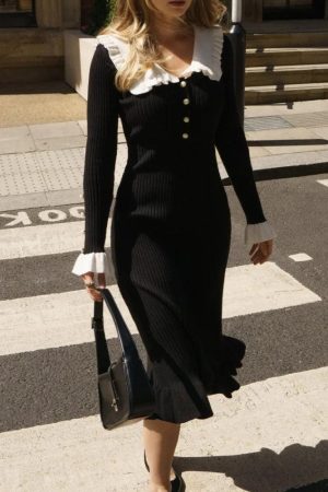 Stylish Work Outfits, Outfit Summer Ideas Peter Pan Collar Ribbed Midi Dress