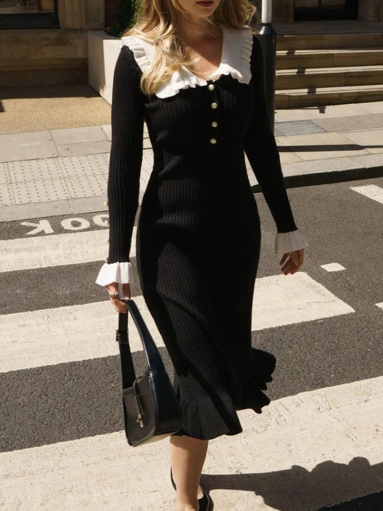 Stylish Work Outfits, Outfit Summer Ideas Peter Pan Collar Ribbed Midi Dress Stylish Work Outfits, Outfit Summer Ideas Peter Pan Collar Ribbed Midi Dress