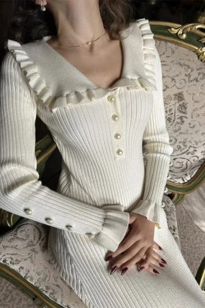 Stylish Work Outfits, Outfit Summer Ideas Peter Pan Collar Ribbed Midi Dress