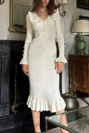 Stylish Work Outfits, Outfit Summer Ideas Peter Pan Collar Ribbed Midi Dress