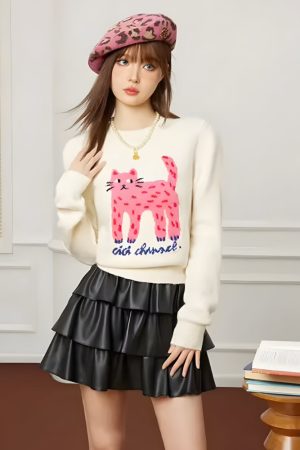 Stylish Work Outfits, Outfit Summer Ideas Pink Cat Sweater