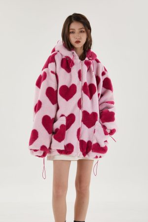 Stylish Work Outfits, Outfit Summer Ideas Pink Heart Pattern Hooded Jacket