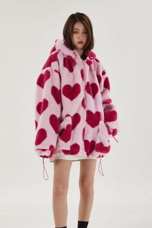 Stylish Work Outfits, Outfit Summer Ideas Pink Heart Pattern Hooded Jacket