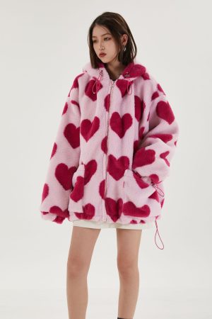 Stylish Work Outfits, Outfit Summer Ideas Pink Heart Pattern Hooded Jacket