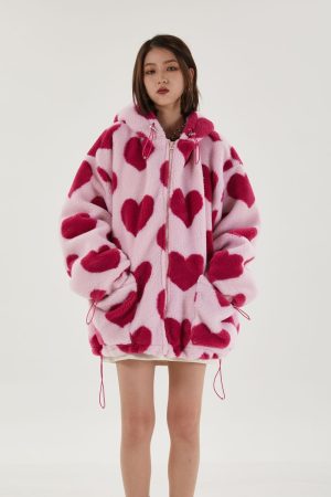 Stylish Work Outfits, Outfit Summer Ideas Pink Heart Pattern Hooded Jacket