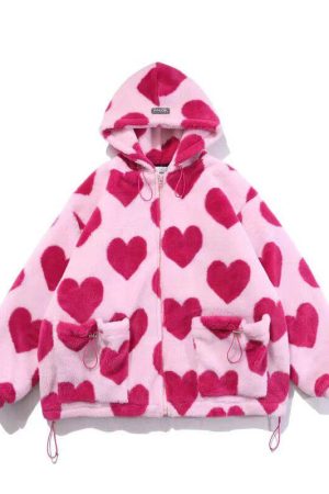 Stylish Work Outfits, Outfit Summer Ideas Pink Heart Pattern Hooded Jacket