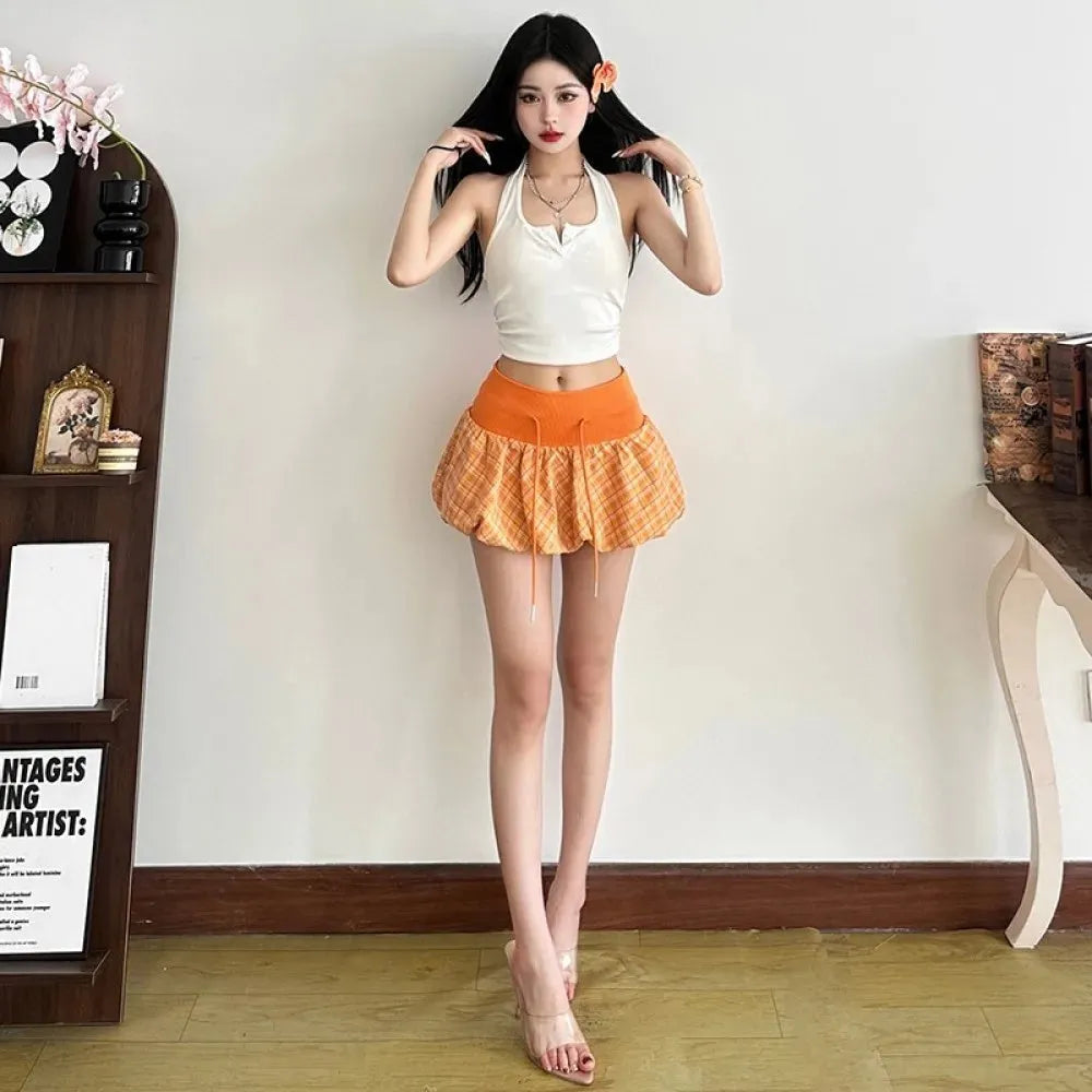 Stylish Work Outfits, Outfit Summer Ideas Plaid Drawstring Bubble Mini Skirt