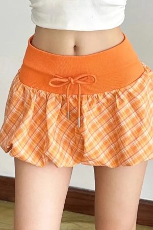 Stylish Work Outfits, Outfit Summer Ideas Plaid Drawstring Bubble Mini Skirt
