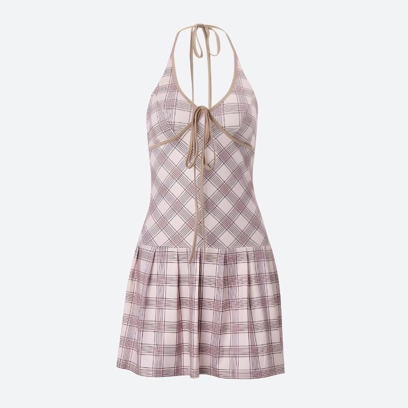 Stylish Work Outfits, Outfit Summer Ideas Plaid Halter Neck Pleated Mini Dress Stylish Work Outfits, Outfit Summer Ideas Plaid Halter Neck Pleated Mini Dress