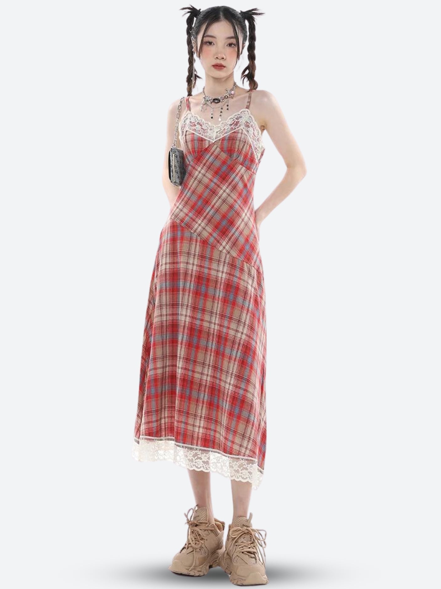 Stylish Work Outfits, Outfit Summer Ideas Plaid Lace Midi Dress