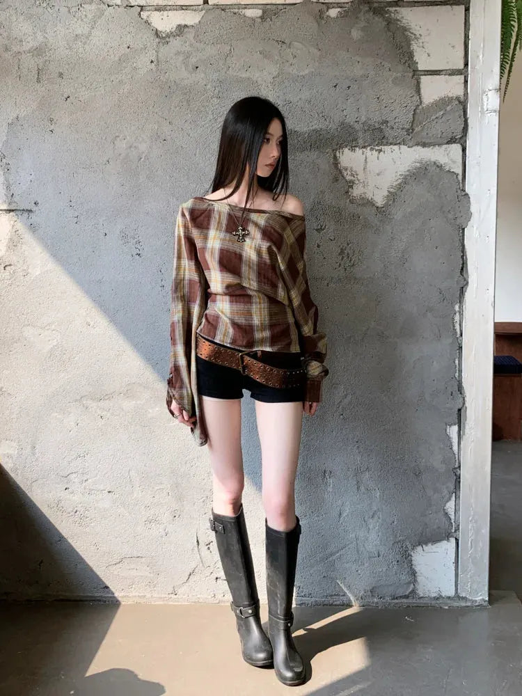Stylish Work Outfits, Outfit Summer Ideas Plaid One Shoulder Top Stylish Work Outfits, Outfit Summer Ideas Plaid One Shoulder Top